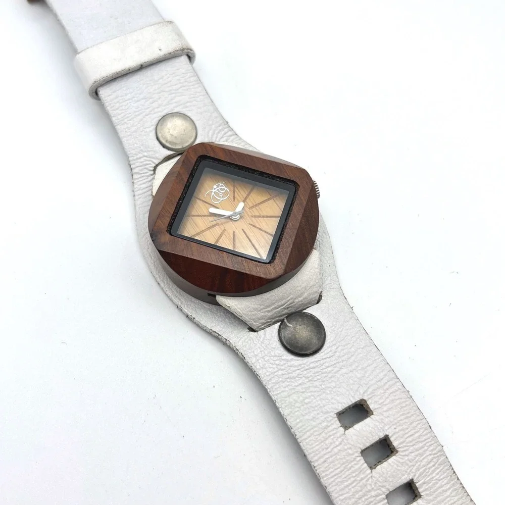 Mistura Wood Watch Square Case White Leather‎ Cuff Strap Artisan Handcrafted